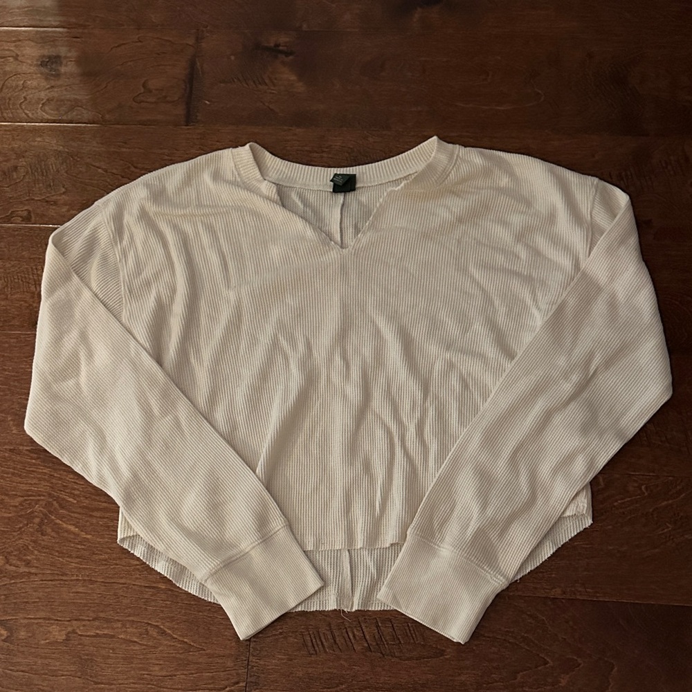 Cream V-Neck Waffle Long Sleeve Top